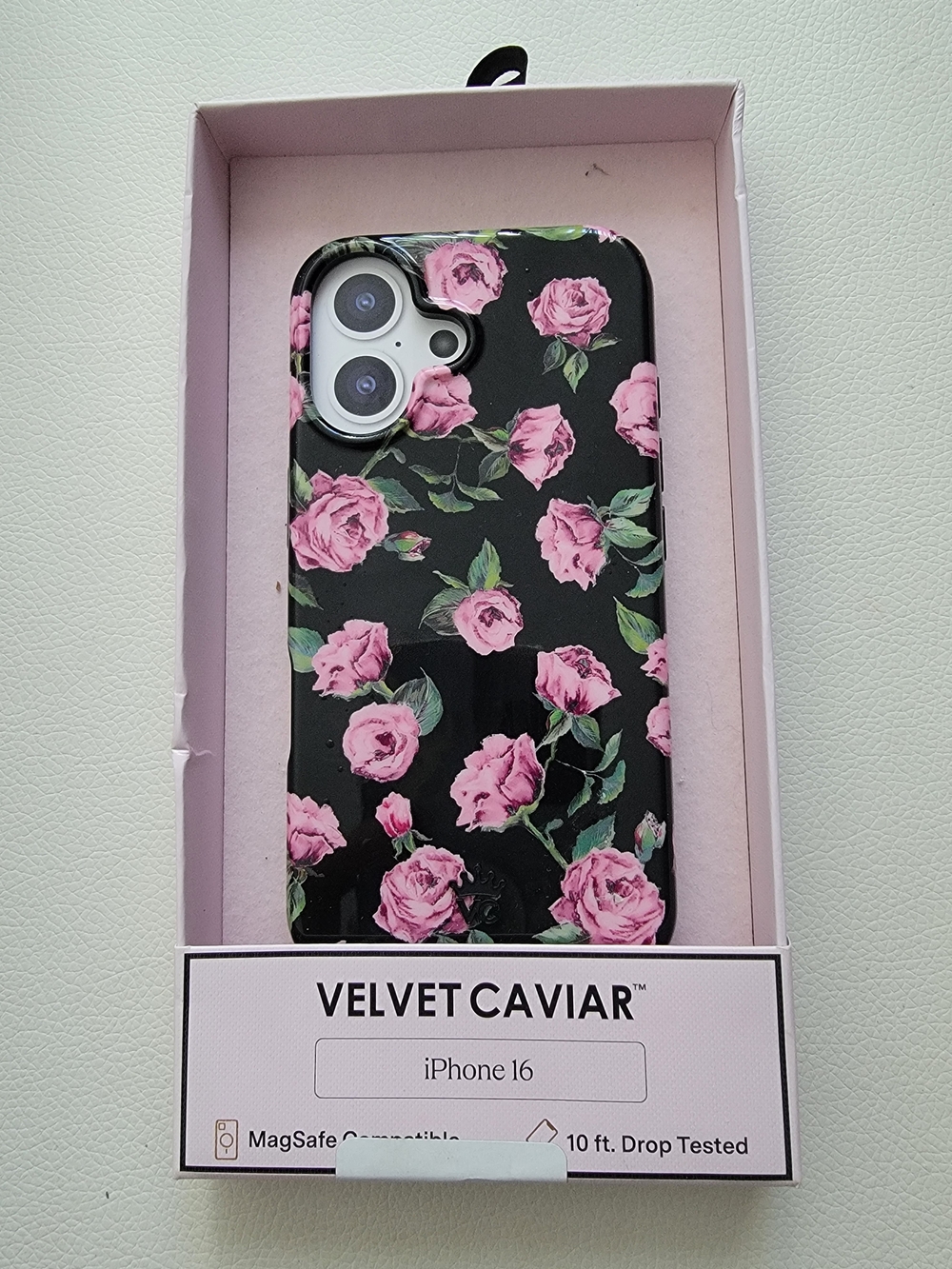 Velvet Caviar Black iPhone 16 Case with Pink Rose Print
